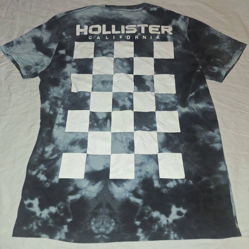 Hollister Mens Black Gray Tie Dye Graphic T-Shirt Checkered Back Pattern Size M